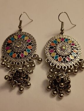 Multicolor Enamel Silver-Tone Bohemian Drop Earrings
